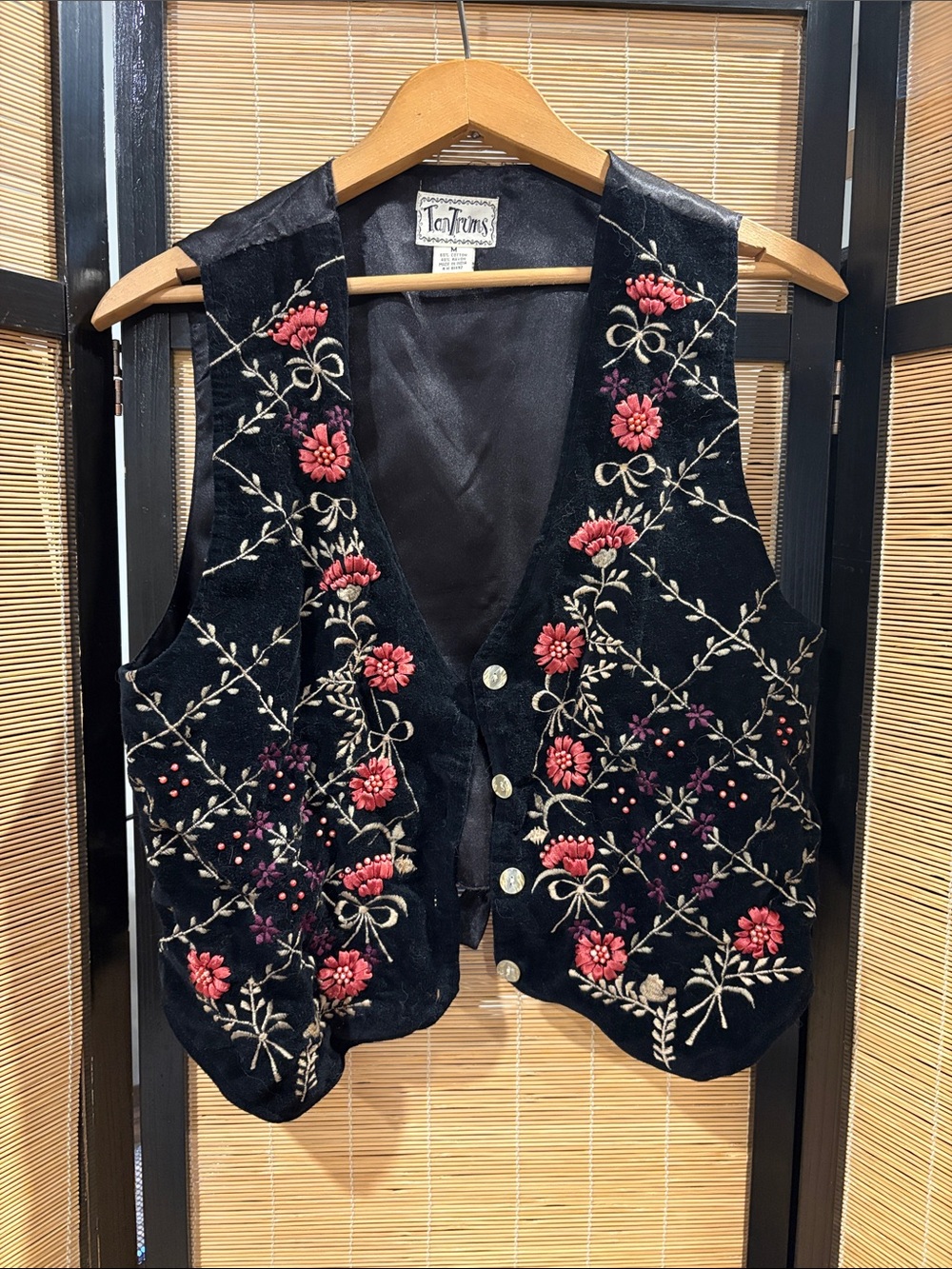 Tantrums Black Velvet Embroidered Floral Vest - Pink Accents